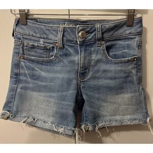 American‎ Eagle Midi Super Stretch Denim Blue Jean Shorts Womens Size 2